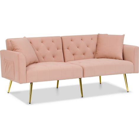 Canapé 2 places en velours avec dossier réglable 3 positions, pieds métal doré, coussins assortis, couleur rose (1/5)