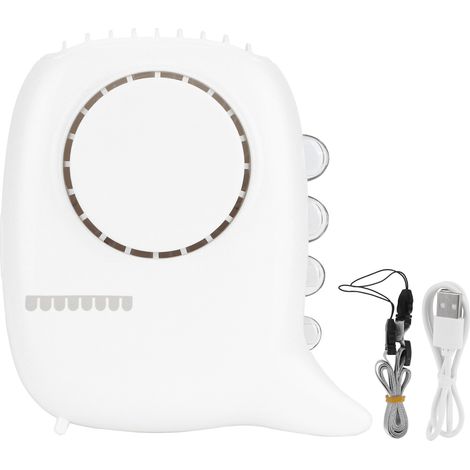 Ventilateur portable cou-nu électrique blanc, rechargeable USB, 3 vitesses, petit ventilateur suspendu sans fil.