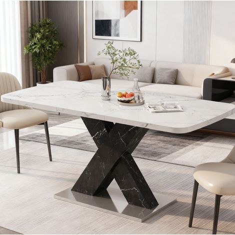 Tavolo da pranzo rettangolare allungabile 120-160 cm in MDF bianco effetto marmo e nero con base in acciaio (1/5)