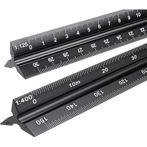Set mit 2 dreieckigen Aluminium-Verkleinerungsmaßstäben für Architekten und Ingenieure: 1:20, 1:25, 1:50, 1:75, 1:100, 1:125 / 1:100, 1:200, 1:250, 1:300, 1:400, 1:500