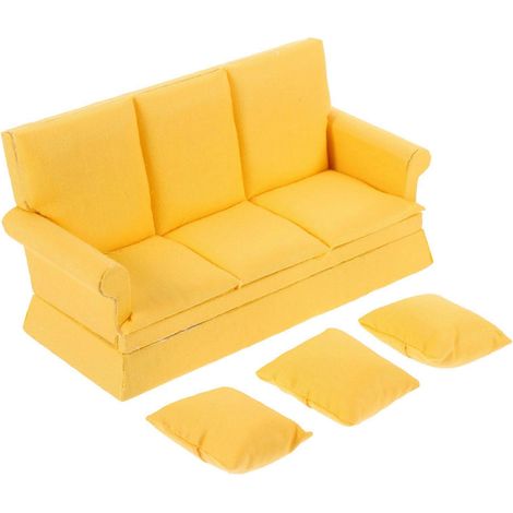 Mobilier miniature pour maison de poupée, mini canapé compatible avec la décoration, 1 ensemble avec coussins jaunes (1/5)