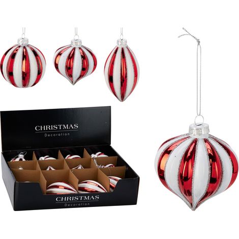 Pallina di natale 8cm - bianco/rosso modello assortito