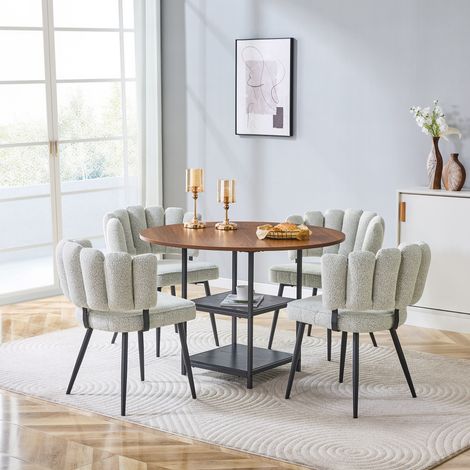 Table ronde à manger 107 cm noyer avec rangement à double étage + 4 chaises gris crème à dossier fleur en tissu bouclé, lot complet pour salle à manger. (1/5)