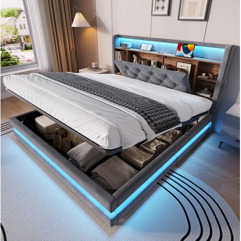 Cama 140x200 de terciopelo gris oscuro con arcón LED, sin colchón - MEUBLIV (1/5)