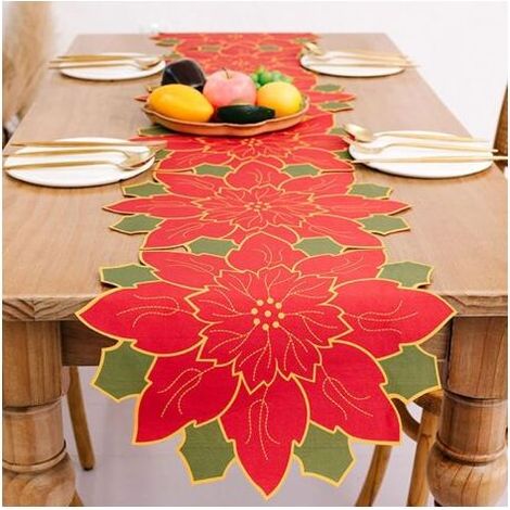 Weihnachtsstern-Tischläufer, Weihnachtstischläufer, handgefertigter Tischläufer im Farmhouse-Stil mit Blumenstickerei und Perlen - 68x13,8 Zoll (1/5)