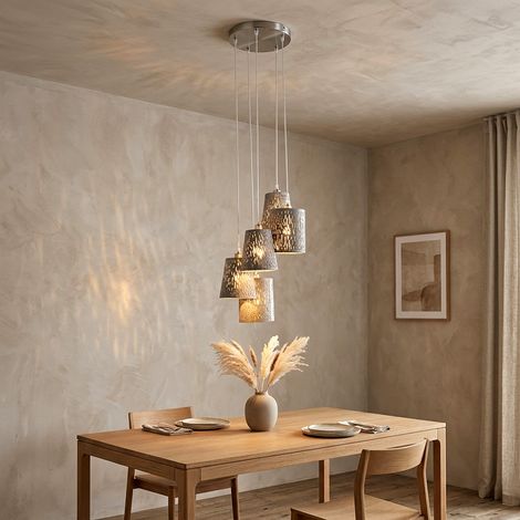 Suspension LED, lampe de salon à 5 ampoules, métal argenté, H 140 cm (1/5)