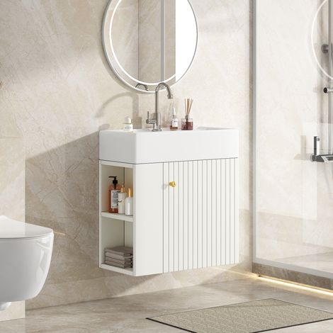 Meuble avec vasque 55 cm suspendu avec rangements latéraux, blanc DESVIAE (1/5)