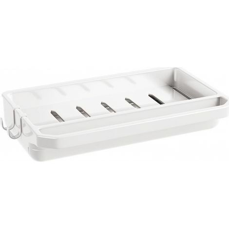 BEBUSINGOTO Weißes, an der Wand montiertes Abtropfgestell für die Küche mit 2 Haken für Putzlappen und Wasserhahn (1/5)