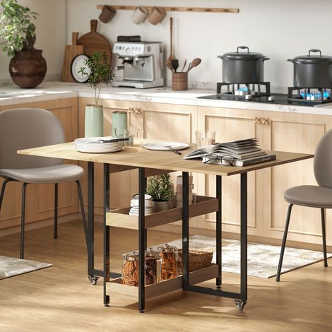 Table à manger pliante sur roulettes 4 personnes avec compartiments ouverts. pour petits espaces. salle à manger. chêne