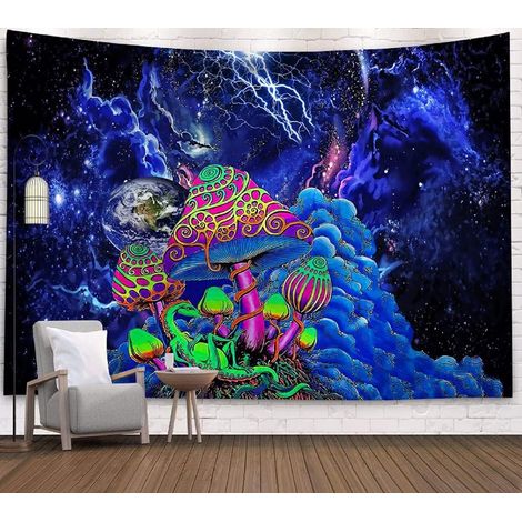 Tapisserie murale nébuleuse de 150 x 230 cm, style hippie psychédélique, art abstrait, décoration murale avec motifs de planètes, champignons et éclairs. (1/5)