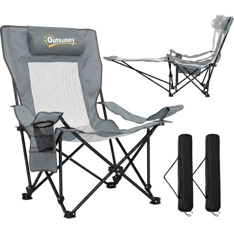 Lot de 2 chaises de camping pliantes, dossier réglable 4 positions, repose-pieds amovible, porte-gobelet, 125 x 80 x 90 cm, grises