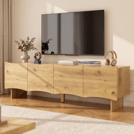 Meuble TV 155 cm avec 4 Portes et Passe-câbles, Console Multimédia en Panneaux de Particules, Design Moderne Ondulé, Couleur Naturelle (1/5)