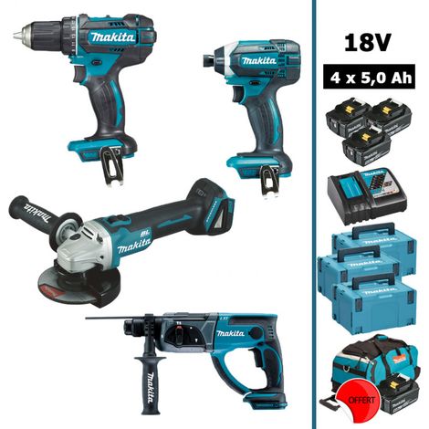 Pack 18V : DDF482 + DGA504 + DHR202 + DTD152 avec 3+1 batteries 5Ah + 3 Makpac + Sac (offert) MAKITA (1/5)