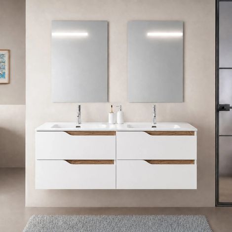 Mobile bagno sospeso 120 cm bianco e quercia due cassetti e doppia vasca Sumya (1/5)
