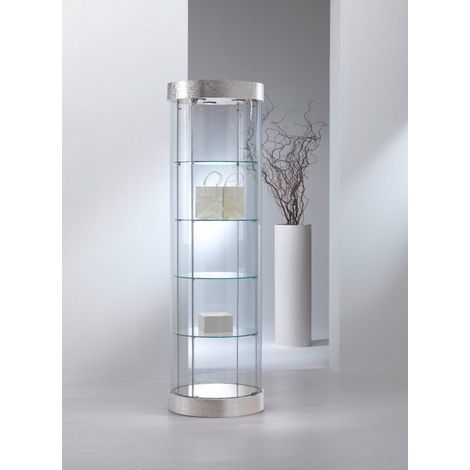 Vetrina Rotonda in Ecopelle con Cristalli Temperati - Diametro 57 cm - H 190 cm Colore Cromo (1/2)
