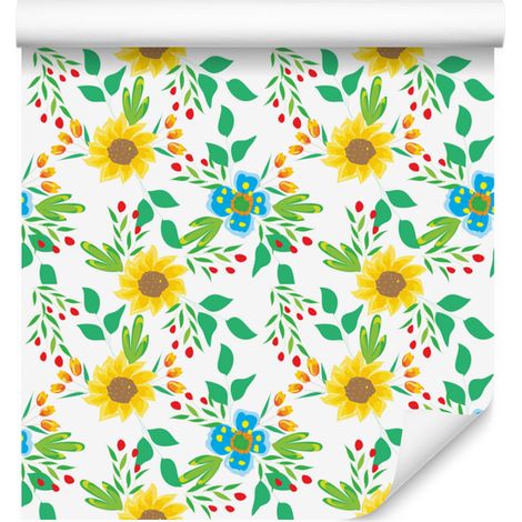 Sonnenblumen-Tapete in Weiß und Mint für Wohn- und Schlafzimmer, 50 x 1000 cm (1/5)