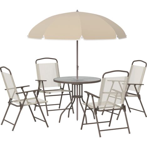 6-teiliges Gartenmöbelset – Runder Tisch + 4 Klappstühle + Sonnenschirm – Epoxidbeschichteter Stahl, kaffeefarbenes Textilene-Polyester, beige