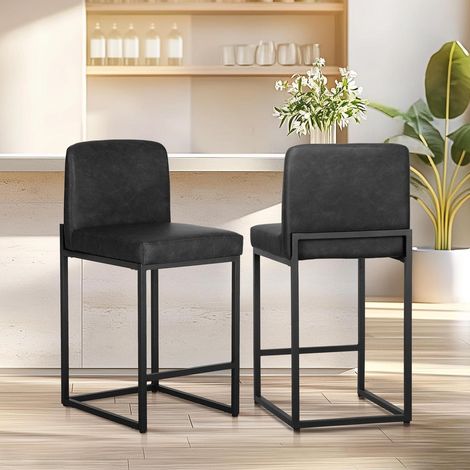 Barhocker 2er Set mit Lehne und Fußstütze, PU-Leder, stabiler Metallrahmen, Schwarz (1/5)