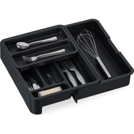 Relaxdays Cutlery Tray, Extendable, 7 Compartments, 6.5 x 23.5-40 x 31.5 cm, Kitchen Drawer Insert, Plastic, Black