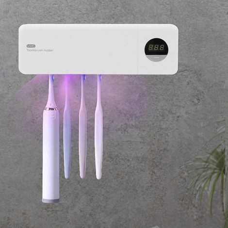 Brosse à Dents Désinfectante UV, Porte de Brosse à Dents Mural avec Fonction Stérilisateur, écran Intelligent à LED, Support de Brosse à Dents Electrique pour Salle de Bain Murale (Blanc) (1/5)