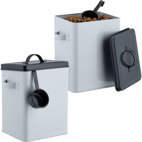 Relaxdays Food Storage Box, Set of 2, 5.5 Litres each, with Lid & Spoon, Iron, Store Dry Pet Feed, White/Anthracite (1/5)
