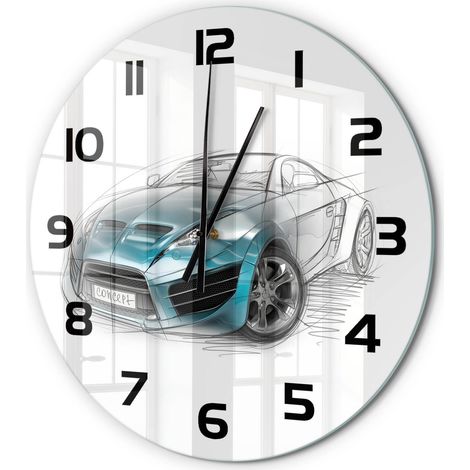 Horloge Murale Ronde Intérieur en Verre Silencieuse Moderne Toute Pièce Croquis de voiture fi 60 cm (1/5)