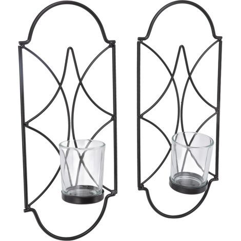 Set aus 2 schmiedeeisernen Wandkerzenhaltern, schwarze europäische Wanddekoration, schlichter geometrischer Stil. (1/5)
