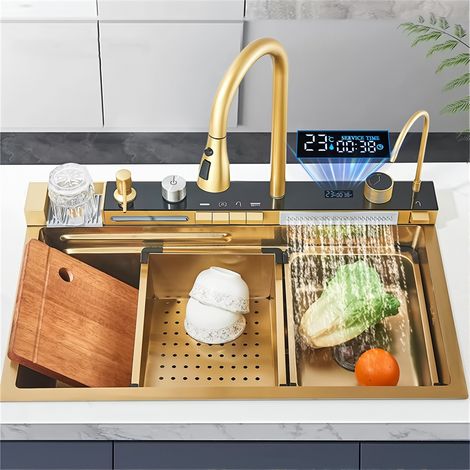 Évier de cuisine double cascade en acier inoxydable, grand évier de cuisine simple avec grand robinet et température réglable (doré) (1/5)