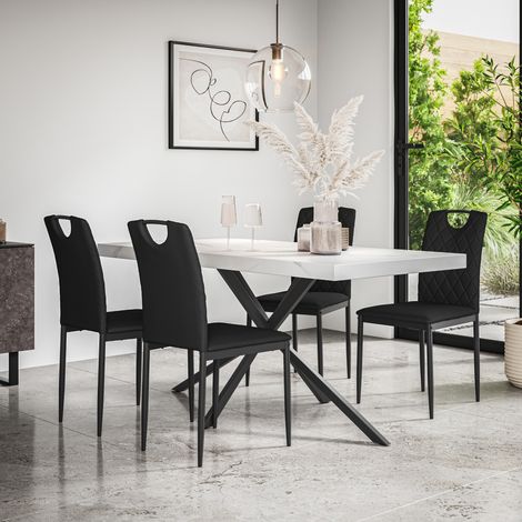 Donni Dining Table And Chairs - White Marble Effect Table Top w Black Legs + Monza Faux Leather Dining Chair Set Of 6 (Black) (1/5)