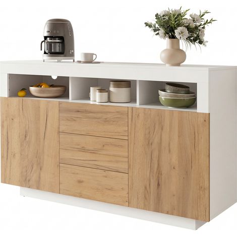 Aparador moderno con 3 cajones y 2 puertas, 140 x 40 x 85 cm, blanco y natural, HOMVRA (1/5)