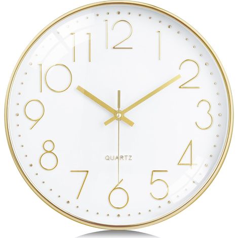 30 cm Modern Silent Gold Wall Clock, 3D Numbers, Easy to Read Wall Clock, No Ticking Decorative for Kitchen, Living Room, Bedroom, Office (1/5)