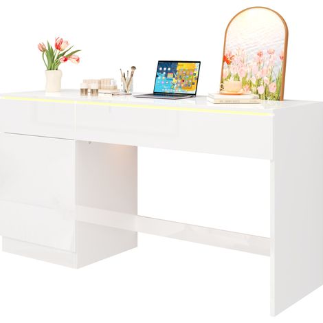 Bureau informatique blanc brillant avec LED, 2 tiroirs, 1 porte et grand plateau 120 x 50 cm, meuble de travail et coiffeuse pour home office et chambre  CHICFURN (1/5)