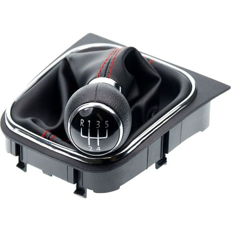 Black gaiter lever + gear knob + frame, as a complete kit with 5-speed knob as a plug and play spare part. 5 speed, red stitching
