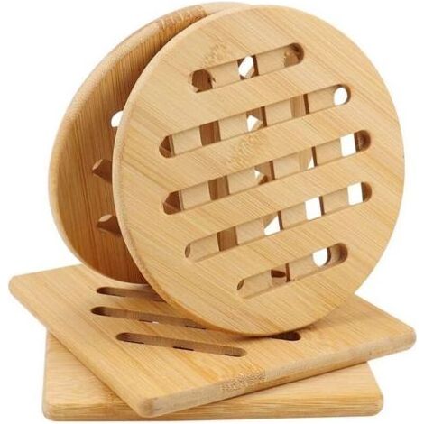 Ensemble de quatre tapis en bois résistants à la chaleur pour plans de travail de cuisine - Résistants à la chaleur (carrés et ronds, 19x19 cm) - Tapis en bois antidérapants et résistants à la chaleur (1/4)
