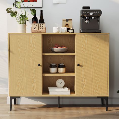 SONNI Sideboard Küchenschrank zweitüriger Schrank Original Holzfarbe, für Wohnzimmer, Esszimmer oder Küche, 120x35x93 cm (1/5)