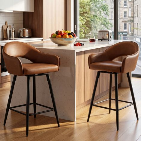 Wahson Barhocker 2er Set aus Kunstleder, Modern Tresenhocker Gepolstert Barhocker mit Lehne Schwenkbar Metallbeinen für Esszimmer Hausbar, Braun