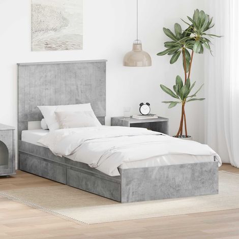 Lit avec rangements 90 x 190 cm, bois d’ingénierie, tête de lit, gris béton - PANGIVO (1/5)