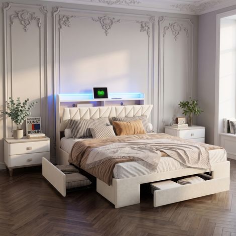 Lit 160x200 cm avec 3 tiroirs, Lit double avec sommier et rangement, Tête de lit avec ports USB et Type-C, LED réglable, Velours beige (1/5)