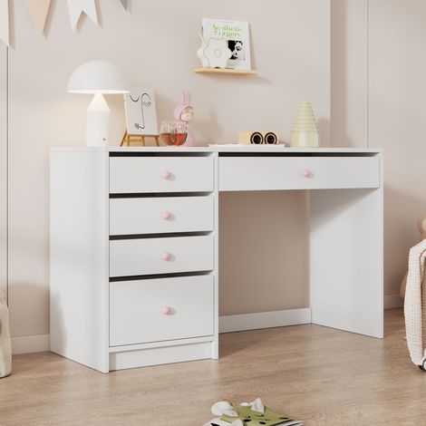Bureau/Table de Coiffure 2-en-1 120x45x74 cm - 5 Tiroirs (3 Plats + 1 Profond + 1 Rectangulaire) - Poignées Céramique Rose - Blanc Mat (1/5)