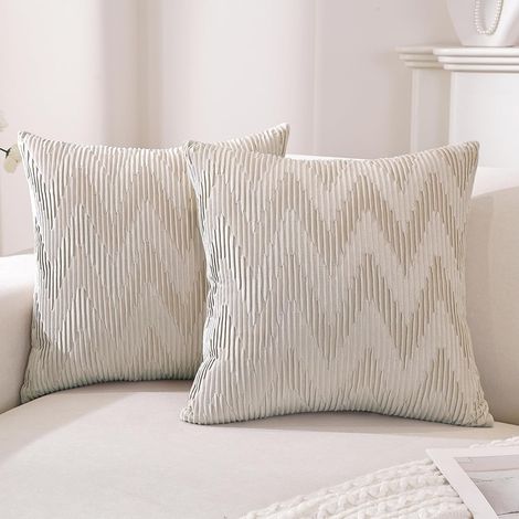 Housse de Coussin Lot de 2 60x60, Taie d'oreiller en Velours Plissé Tridimensionnel en W avec Fermeture Eclair Caché, Décoration Maison Salon Chambre, Avoine (1/5)
