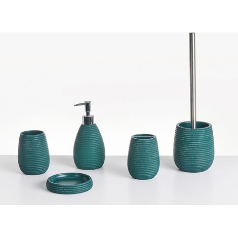 Ensemble d'Accessoires de Salle de Bain 5 Pièces en Polyrésine Distributeur de Savon Porte-Brosse à Dents Bleu Sarcelle Quilca