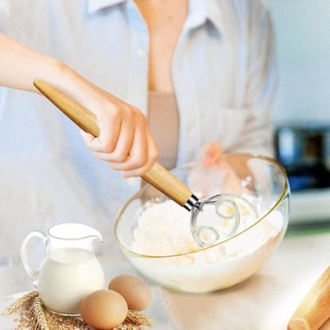 Fouet à pâte danois double anneau en inox 304, manche court en bois 25 cm, lot de 2, accessoire pour pain et pâtisserie (1/5)