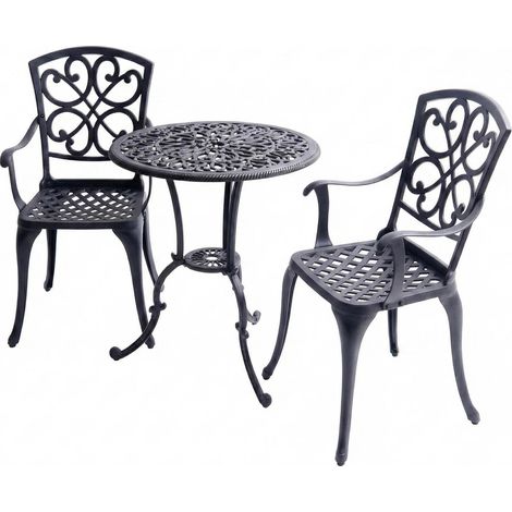 Homeology VIVALDI 3-Piece Cast Aluminium Garden Bistro Set- Rust-Proof Round Table with Parasol Hole & 2 Generously Sized Armchairs- Exquisite Baroque Design for Patio, Balcony & Conservatory (Black)