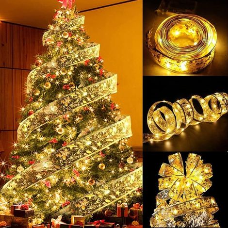 Décorations de Noël Ruban Lumineux LED, (2x5m) 100 Lumières Guirlande Ruban Sapin Lumineux, Fonctionne sur Piles, Guirlande en Dentelle Dorée (1/5)