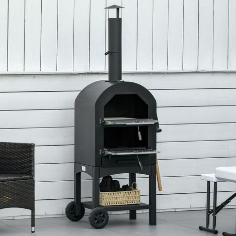 Horno de pizza y barbacoa portátil de acero con carbón, chimenea y ruedas, 63x54x161 cm, negro.