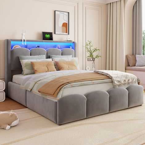 Lit coffre 140x200 cm avec rangement hydraulique, tête de lit avec rangements au design pétale, LED, ports USB et USB-C, lit double en velours, gris (1/5)