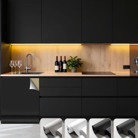 Papier Peint Adhesif Mural Decoratif Noir Mat, Papier Adhesif Pour Meuble Cuisine, 40x550 cm Film Autocollant Meuble, Rouleau Vinyle Adhésif Pour Cuisine Tables Armoires Mural (1/5)