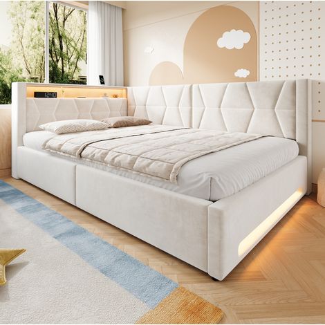 Cama con canapé 140x200 cm de terciopelo, LED, USB y Type-C, beige OKMYHOME (1/5)