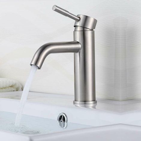 Waschtischarmatur mit gebogenem Auslauf aus gebürstetem Nickel, Warm- und Kaltwasser (1/4)