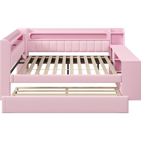 Cama de día tapizada 140x200 cm con cama nido 90x190, escritorio, USB y LED, rosa - HOMVRA (1/5)
